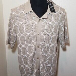 For The Republic Mens L Beige Crochet Short Sleeve Button-Up Shirt Retro Hip NWT